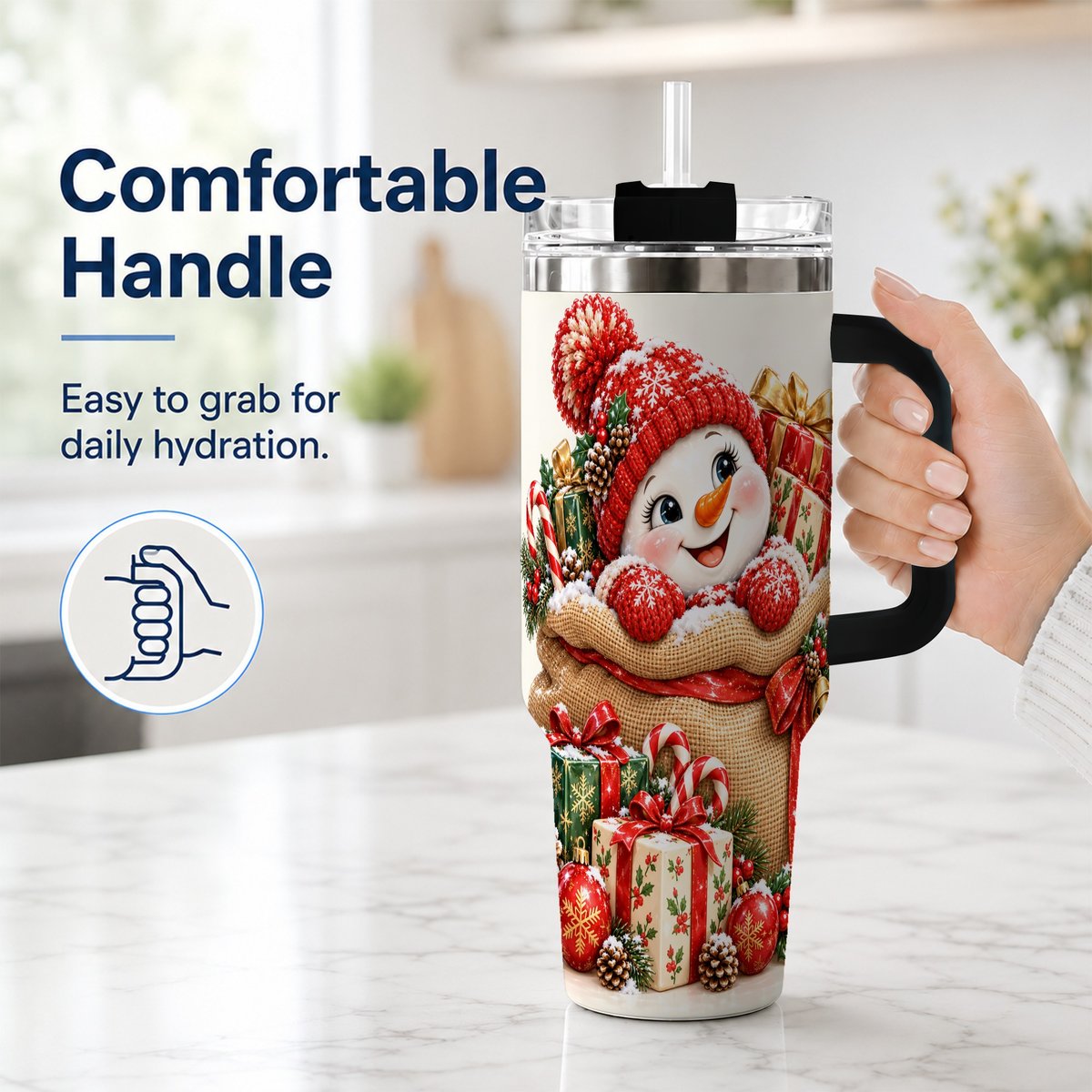 #pl[40oz|Black] Snowman Christmas Sack 40oz Tumbler with Handle, Holiday Travel Cup