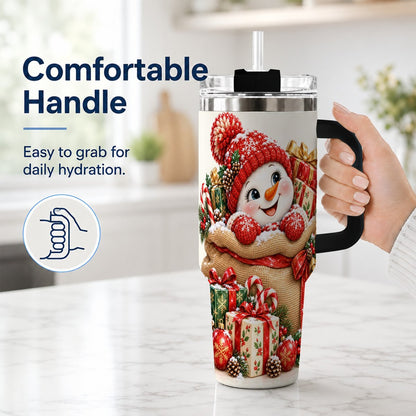 #pl[40oz|Black] Snowman Christmas Sack 40oz Tumbler with Handle, Holiday Travel Cup