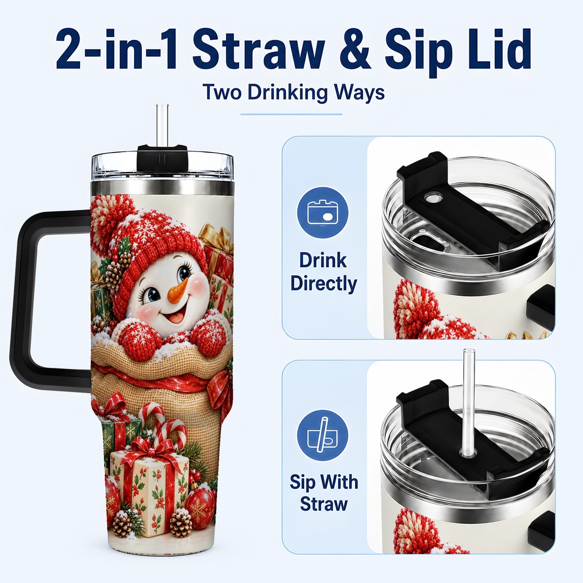 #pl[40oz|Black] Snowman Christmas Sack 40oz Tumbler with Handle, Holiday Travel Cup