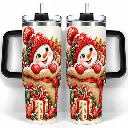 #pl[40oz|Black] Snowman Christmas Sack 40oz Tumbler with Handle, Holiday Travel Cup