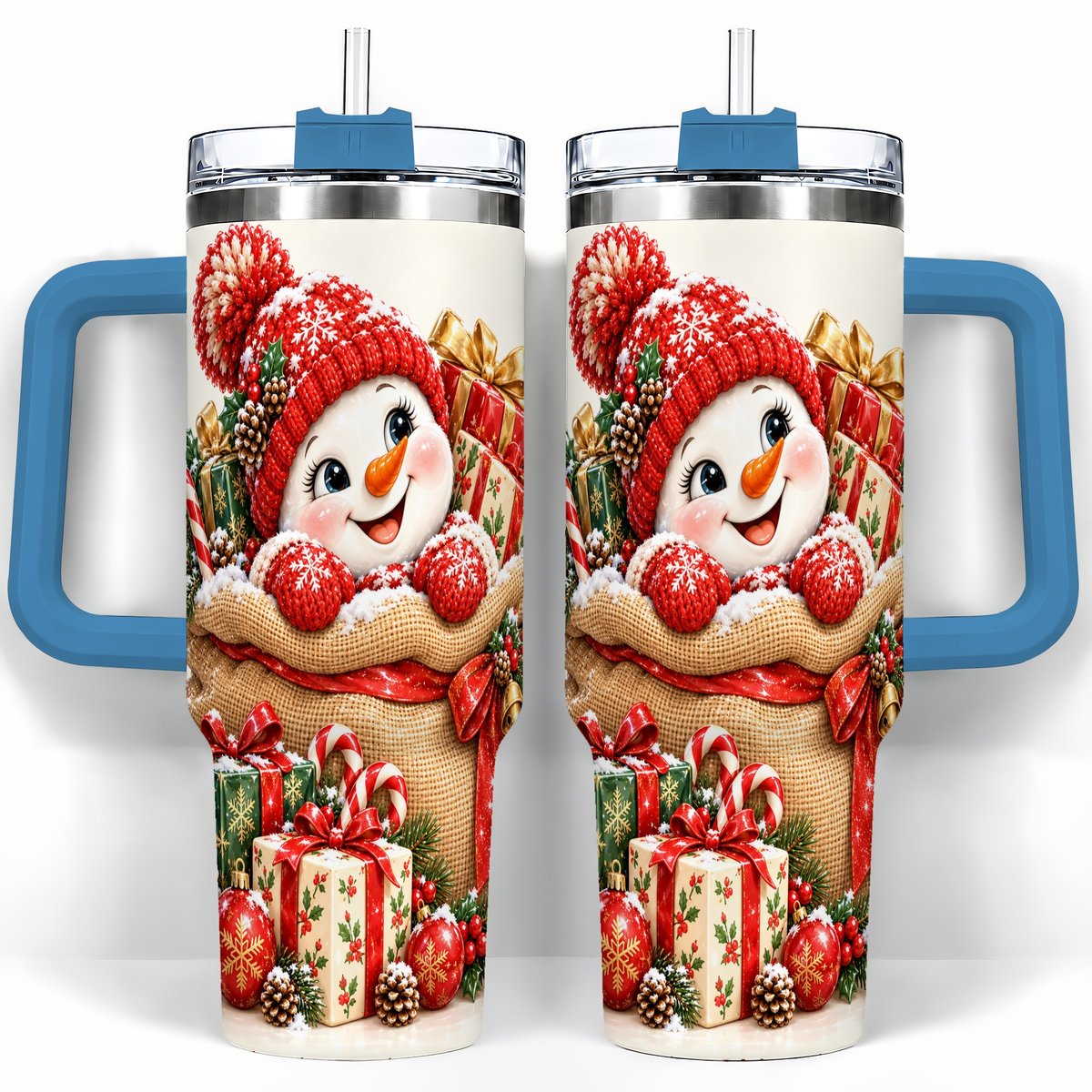 #pl[40oz|Blue] Snowman Christmas Sack 40oz Tumbler with Handle, Holiday Travel Cup