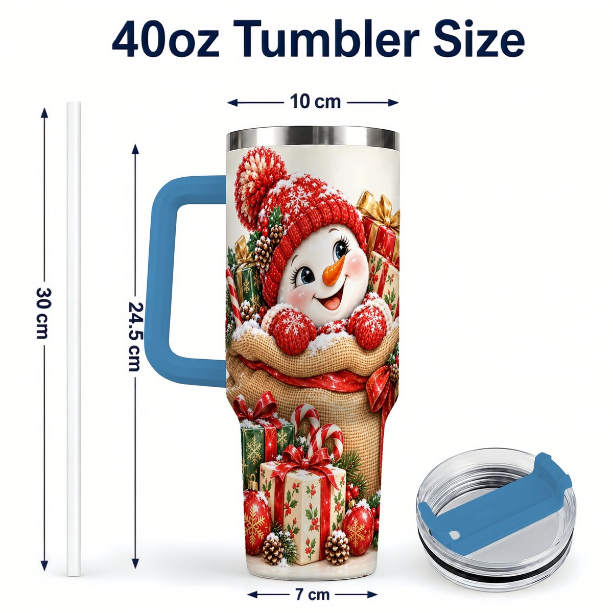 #pl[40oz|Blue] Snowman Christmas Sack 40oz Tumbler with Handle, Holiday Travel Cup