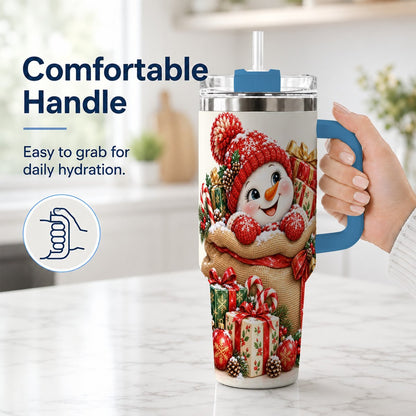 #pl[40oz|Blue] Snowman Christmas Sack 40oz Tumbler with Handle, Holiday Travel Cup