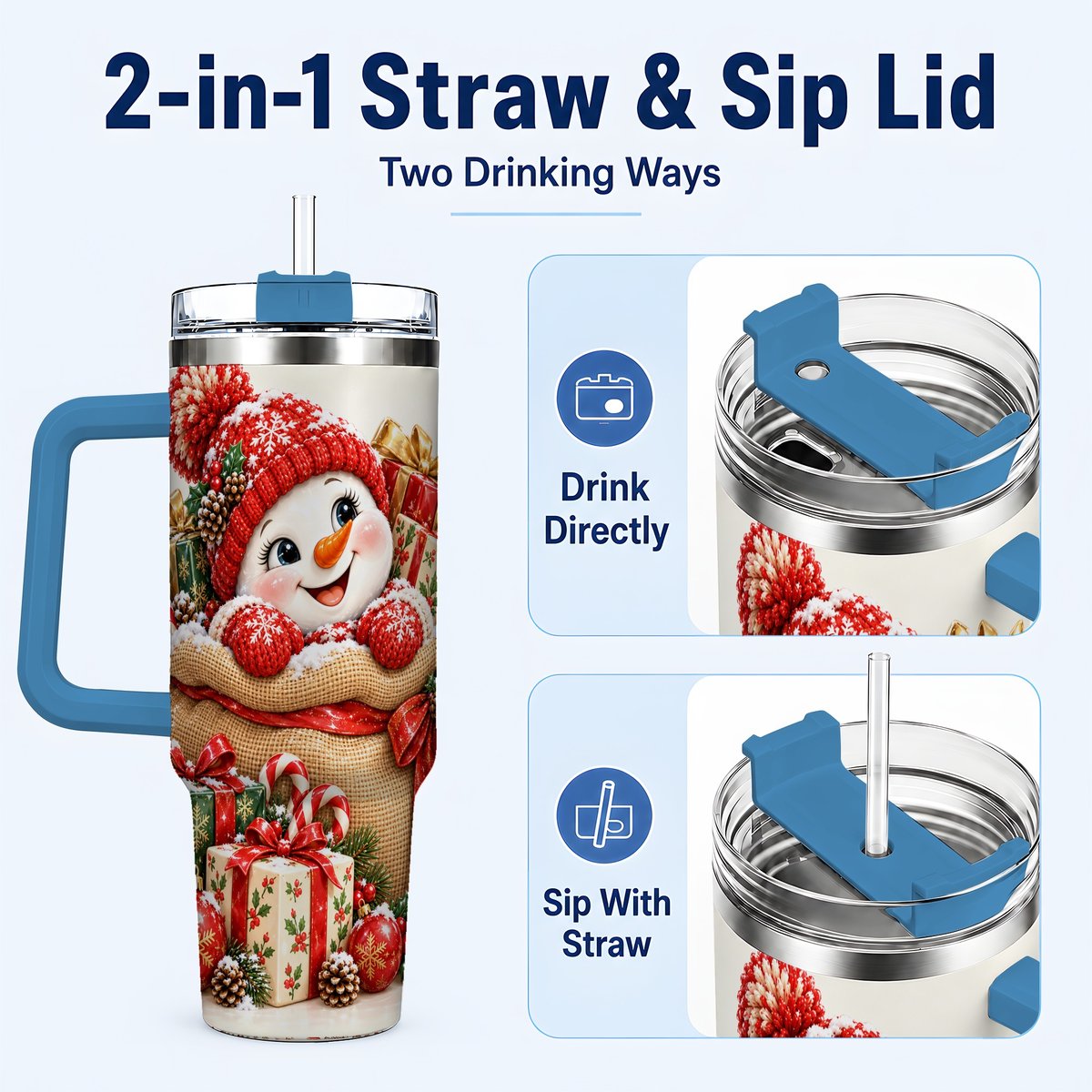 #pl[40oz|Blue] Snowman Christmas Sack 40oz Tumbler with Handle, Holiday Travel Cup