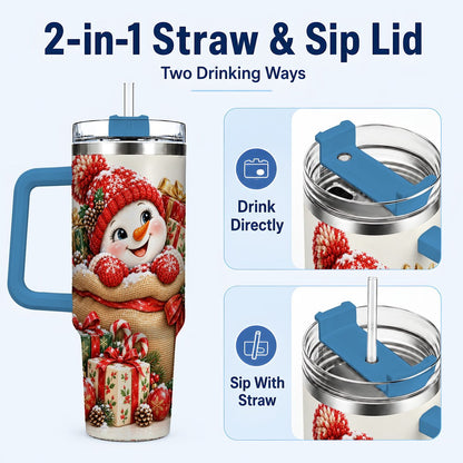 #pl[40oz|Blue] Snowman Christmas Sack 40oz Tumbler with Handle, Holiday Travel Cup