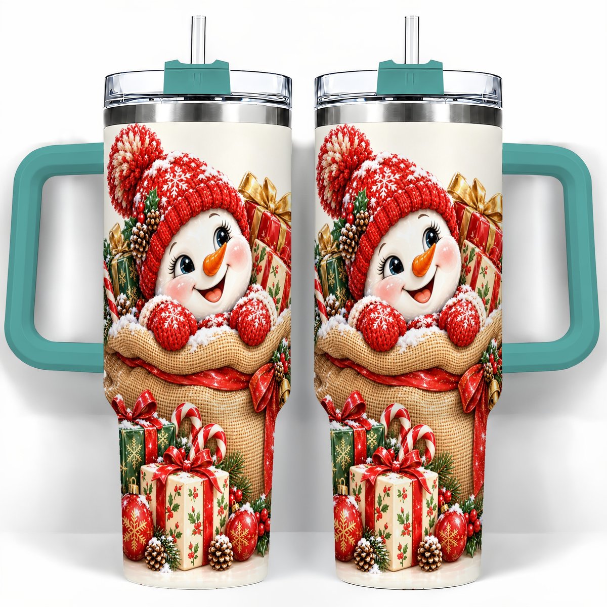 #pl[40oz|Green] Snowman Christmas Sack 40oz Tumbler with Handle, Holiday Travel Cup