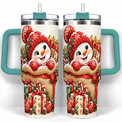 #pl[40oz|Green] Snowman Christmas Sack 40oz Tumbler with Handle, Holiday Travel Cup