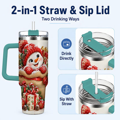 #pl[40oz|Green] Snowman Christmas Sack 40oz Tumbler with Handle, Holiday Travel Cup