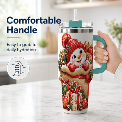 #pl[40oz|Green] Snowman Christmas Sack 40oz Tumbler with Handle, Holiday Travel Cup