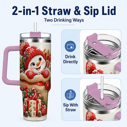 #pl[40oz|Pink] Snowman Christmas Sack 40oz Tumbler with Handle, Holiday Travel Cup