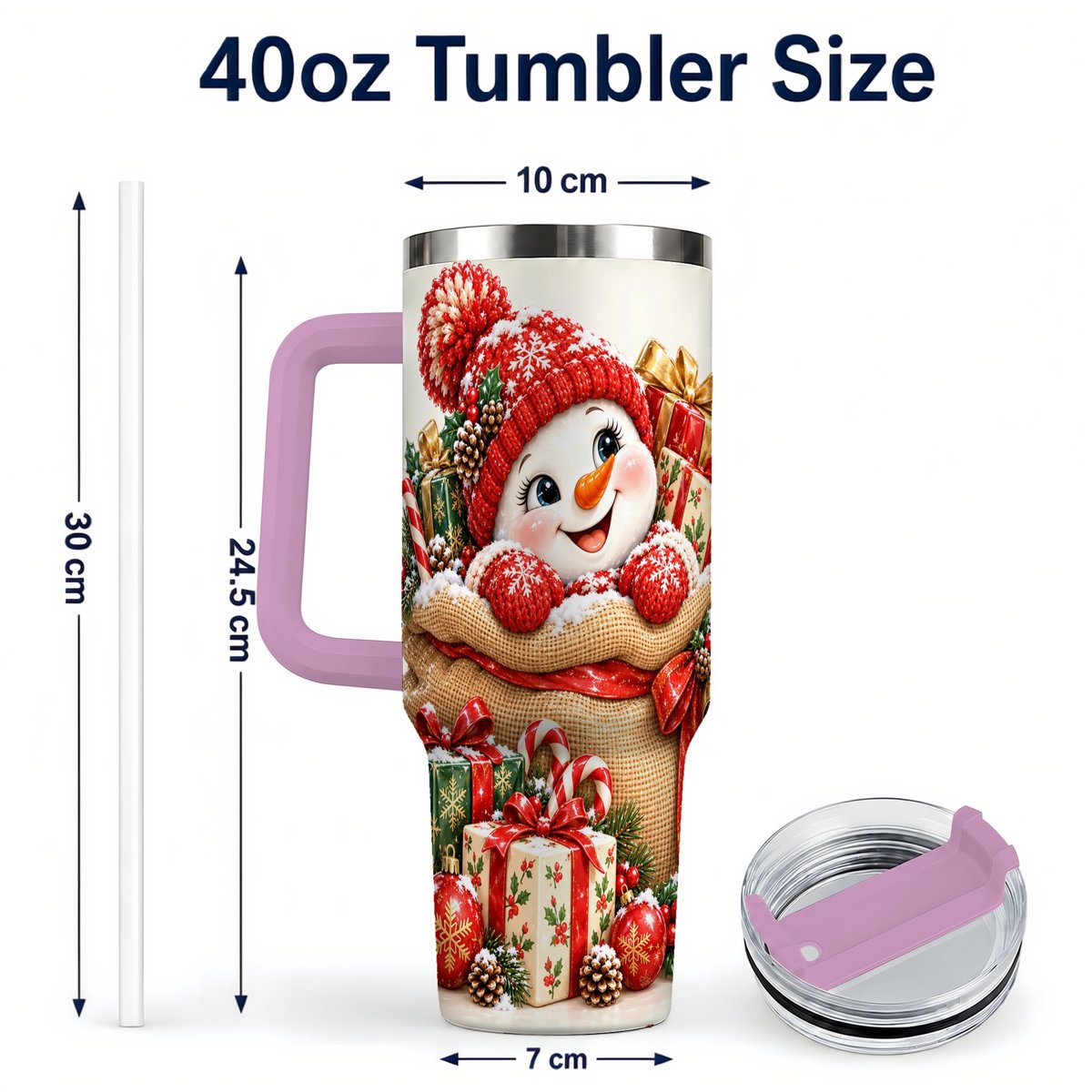 #pl[40oz|Pink] Snowman Christmas Sack 40oz Tumbler with Handle, Holiday Travel Cup