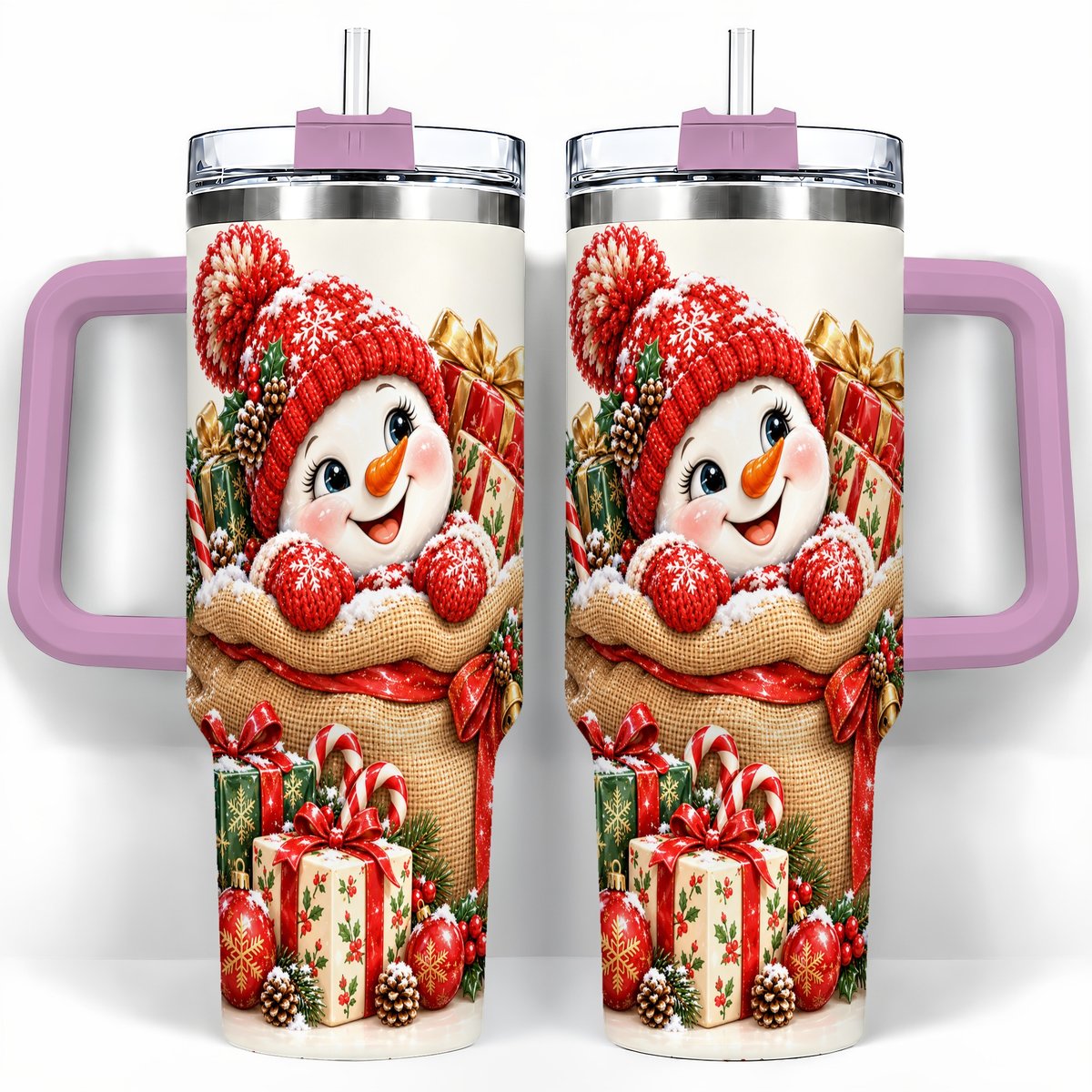 #pl[40oz|Pink] Snowman Christmas Sack 40oz Tumbler with Handle, Holiday Travel Cup
