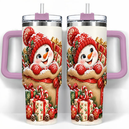 #pl[40oz|Pink] Snowman Christmas Sack 40oz Tumbler with Handle, Holiday Travel Cup
