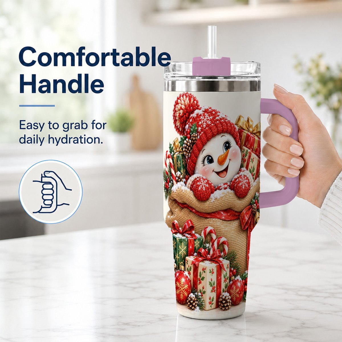 #pl[40oz|Pink] Snowman Christmas Sack 40oz Tumbler with Handle, Holiday Travel Cup