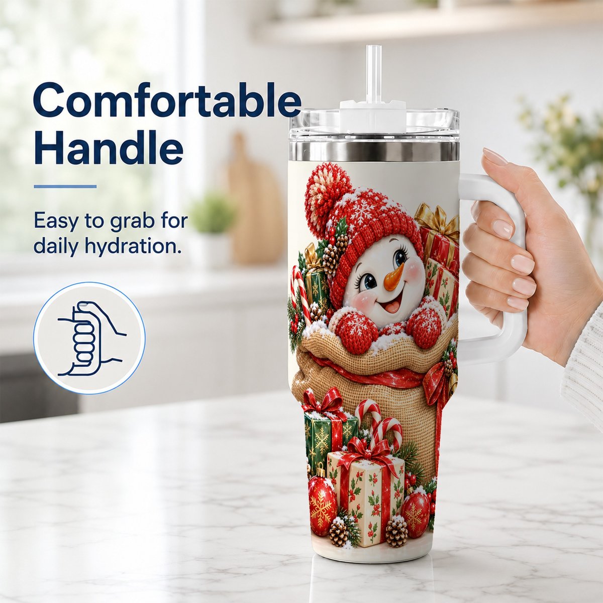 #pl[40oz|White] Snowman Christmas Sack 40oz Tumbler with Handle, Holiday Travel Cup