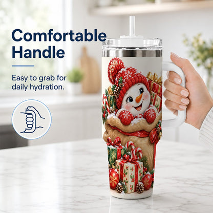 #pl[40oz|White] Snowman Christmas Sack 40oz Tumbler with Handle, Holiday Travel Cup