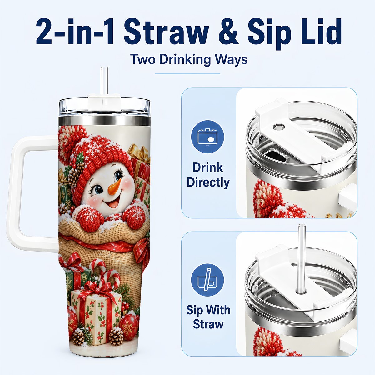 #pl[40oz|White] Snowman Christmas Sack 40oz Tumbler with Handle, Holiday Travel Cup