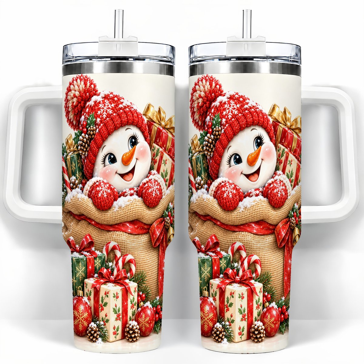 Snowman Christmas Sack 40oz Tumbler with Handle, Holiday Travel Cup