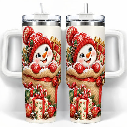 Snowman Christmas Sack 40oz Tumbler with Handle, Holiday Travel Cup