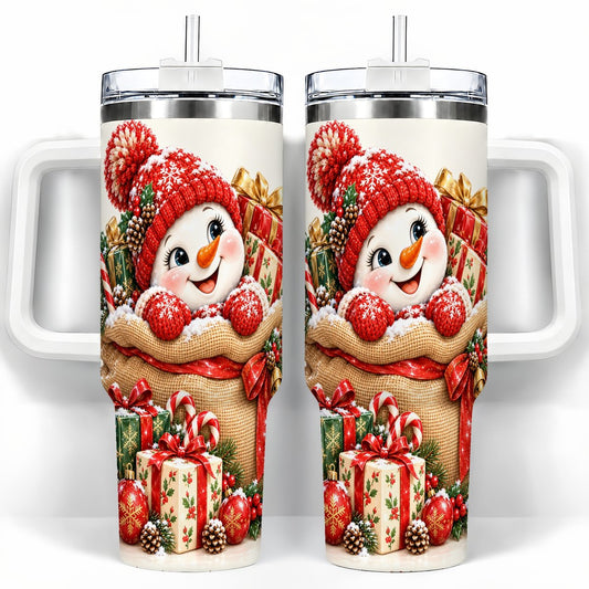 Snowman Christmas Sack 40oz Tumbler with Handle, Holiday Travel Cup