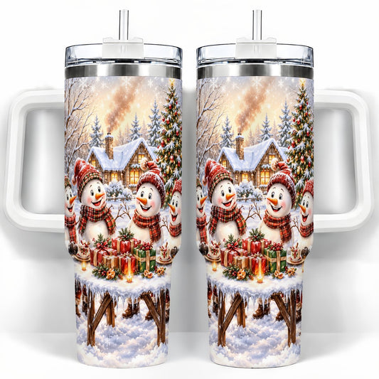 Snowman Friends 40oz Tumbler with Handle, Christmas Travel Cup, Cheer
