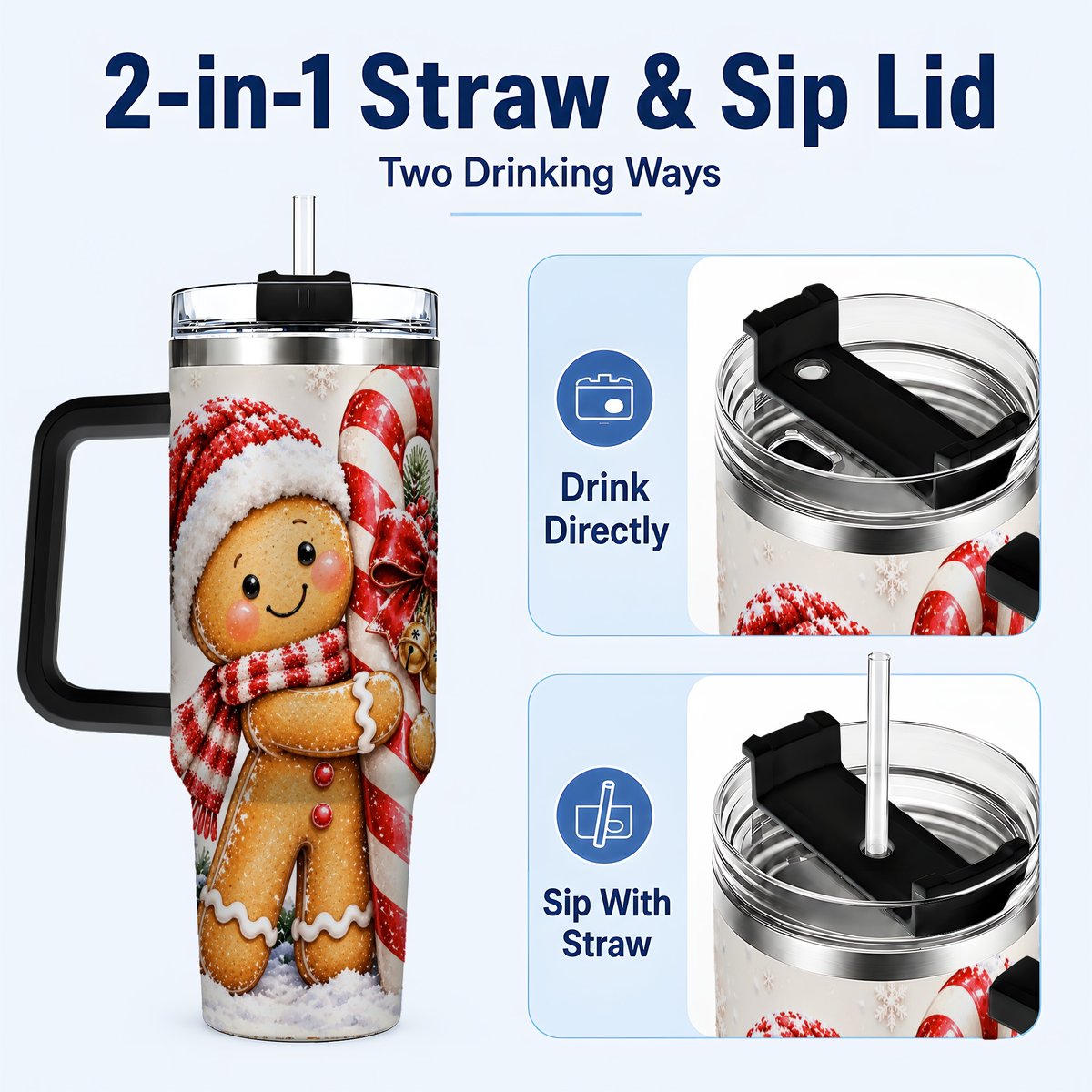 #pl[40oz|Black] Gingerbread 40oz Tumbler with Handle, Christmas Travel Cup, Candy Cane Art