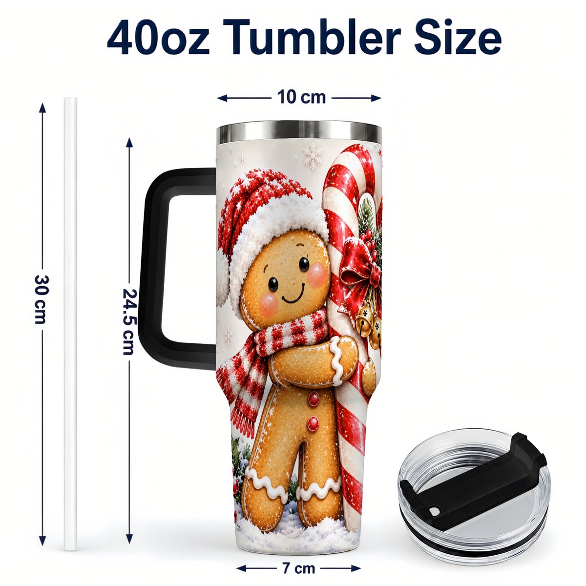 #pl[40oz|Black] Gingerbread 40oz Tumbler with Handle, Christmas Travel Cup, Candy Cane Art