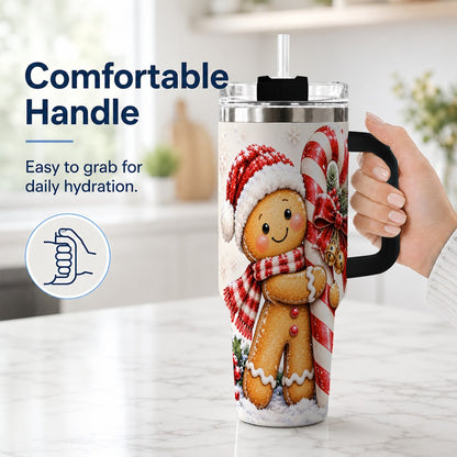 #pl[40oz|Black] Gingerbread 40oz Tumbler with Handle, Christmas Travel Cup, Candy Cane Art