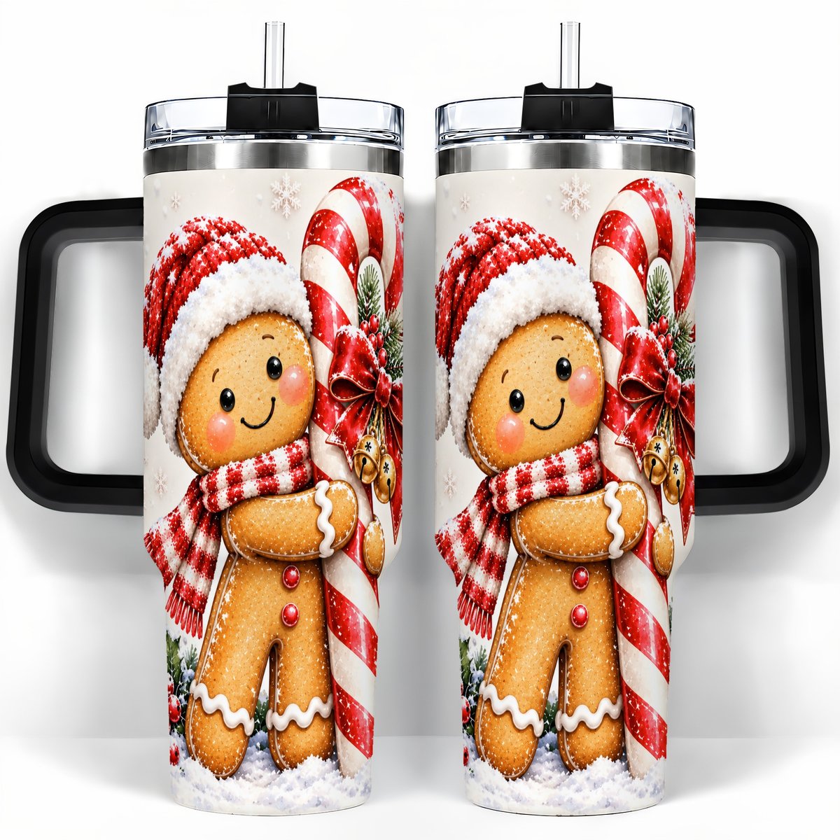#pl[40oz|Black] Gingerbread 40oz Tumbler with Handle, Christmas Travel Cup, Candy Cane Art