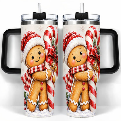 #pl[40oz|Black] Gingerbread 40oz Tumbler with Handle, Christmas Travel Cup, Candy Cane Art