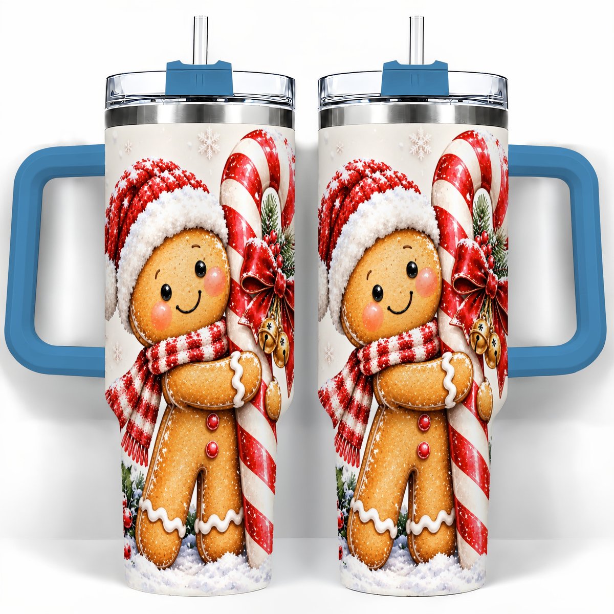 #pl[40oz|Blue] Gingerbread 40oz Tumbler with Handle, Christmas Travel Cup, Candy Cane Art