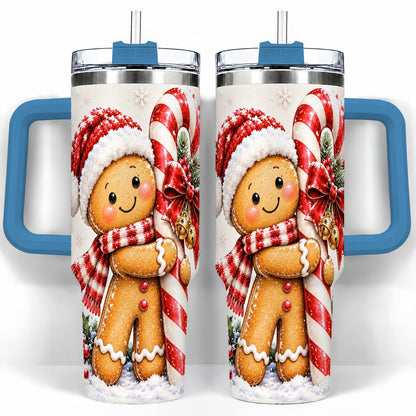 #pl[40oz|Blue] Gingerbread 40oz Tumbler with Handle, Christmas Travel Cup, Candy Cane Art