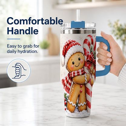 #pl[40oz|Blue] Gingerbread 40oz Tumbler with Handle, Christmas Travel Cup, Candy Cane Art
