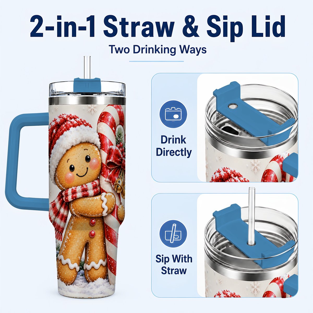 #pl[40oz|Blue] Gingerbread 40oz Tumbler with Handle, Christmas Travel Cup, Candy Cane Art