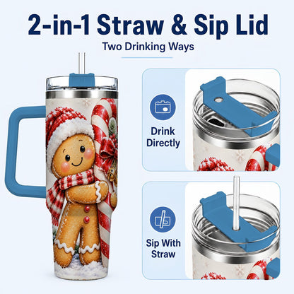 #pl[40oz|Blue] Gingerbread 40oz Tumbler with Handle, Christmas Travel Cup, Candy Cane Art