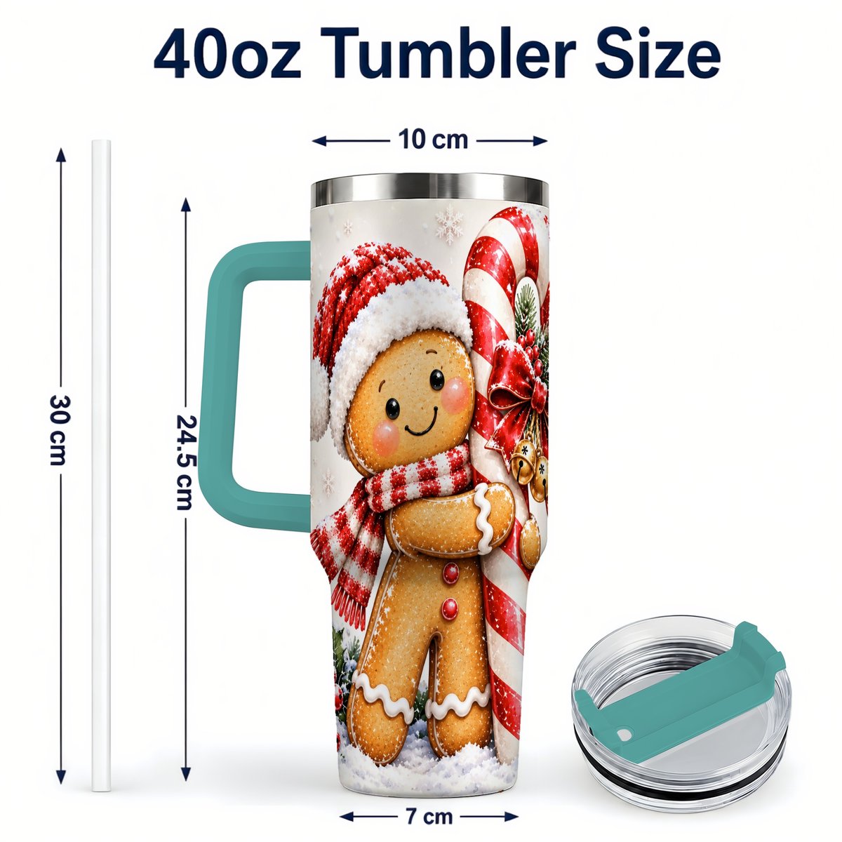 #pl[40oz|Green] Gingerbread 40oz Tumbler with Handle, Christmas Travel Cup, Candy Cane Art