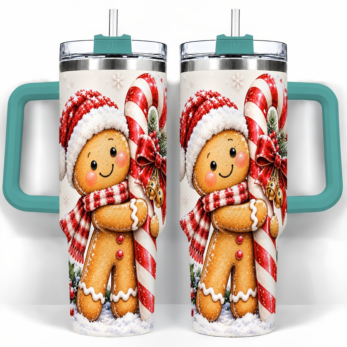 #pl[40oz|Green] Gingerbread 40oz Tumbler with Handle, Christmas Travel Cup, Candy Cane Art