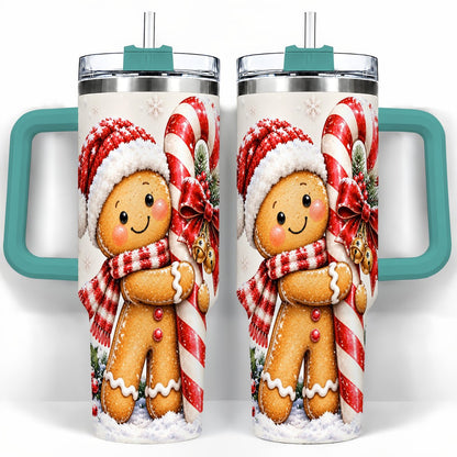 #pl[40oz|Green] Gingerbread 40oz Tumbler with Handle, Christmas Travel Cup, Candy Cane Art