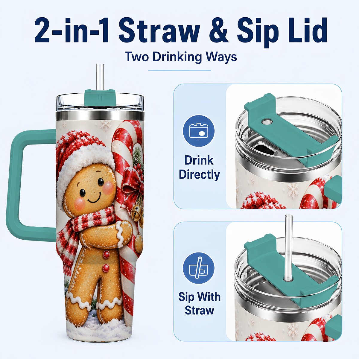 #pl[40oz|Green] Gingerbread 40oz Tumbler with Handle, Christmas Travel Cup, Candy Cane Art