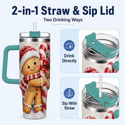 #pl[40oz|Green] Gingerbread 40oz Tumbler with Handle, Christmas Travel Cup, Candy Cane Art