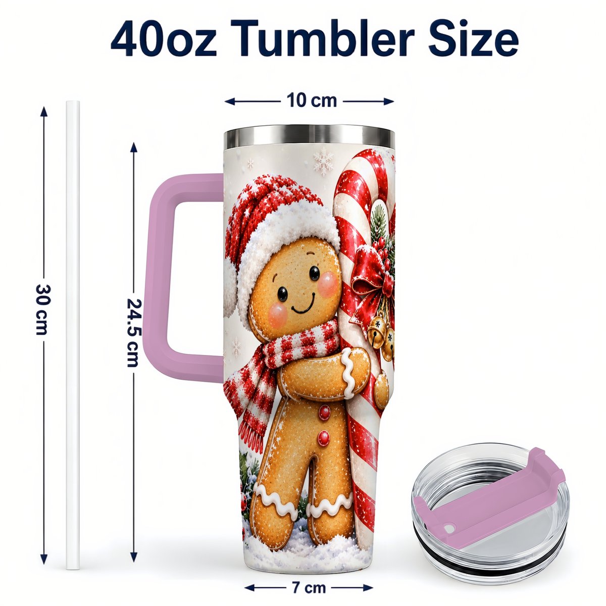 #pl[40oz|Pink] Gingerbread 40oz Tumbler with Handle, Christmas Travel Cup, Candy Cane Art