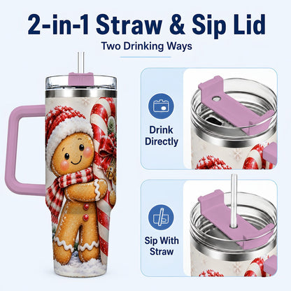 #pl[40oz|Pink] Gingerbread 40oz Tumbler with Handle, Christmas Travel Cup, Candy Cane Art