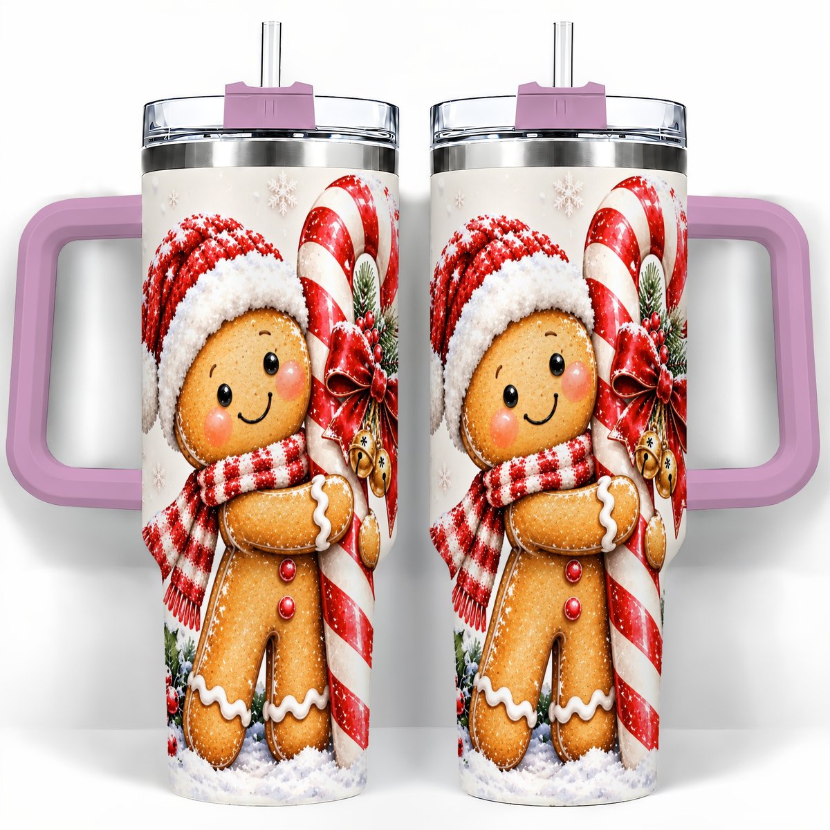 #pl[40oz|Pink] Gingerbread 40oz Tumbler with Handle, Christmas Travel Cup, Candy Cane Art