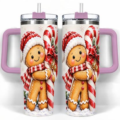 #pl[40oz|Pink] Gingerbread 40oz Tumbler with Handle, Christmas Travel Cup, Candy Cane Art