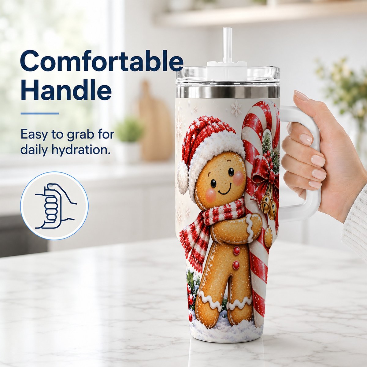 #pl[40oz|White] Gingerbread 40oz Tumbler with Handle, Christmas Travel Cup, Candy Cane Art