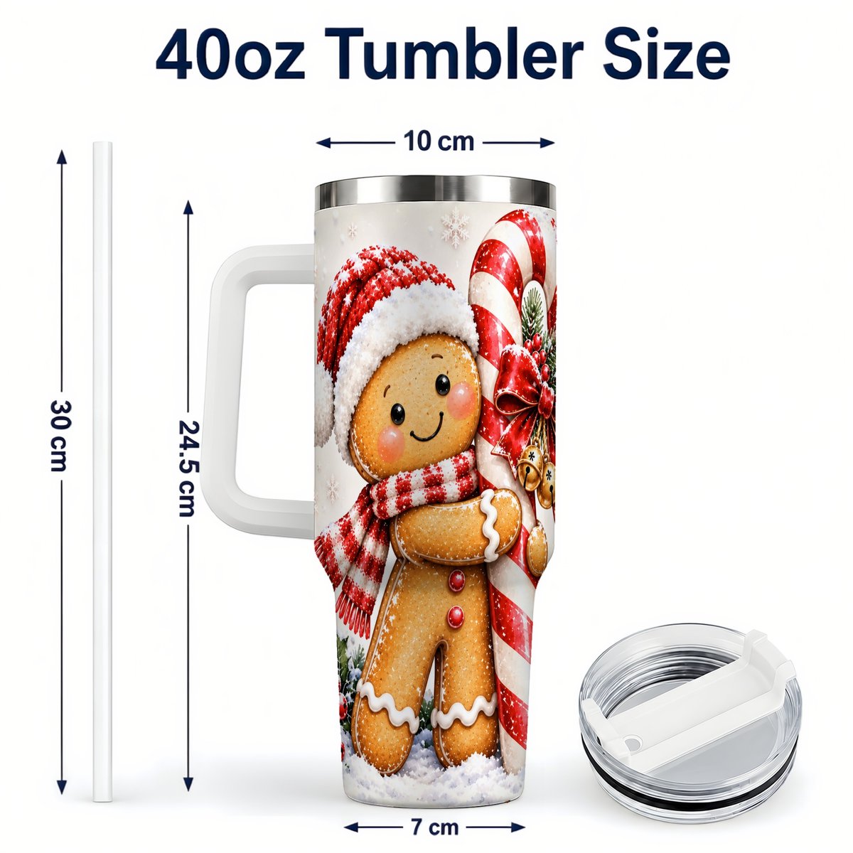 #pl[40oz|White] Gingerbread 40oz Tumbler with Handle, Christmas Travel Cup, Candy Cane Art