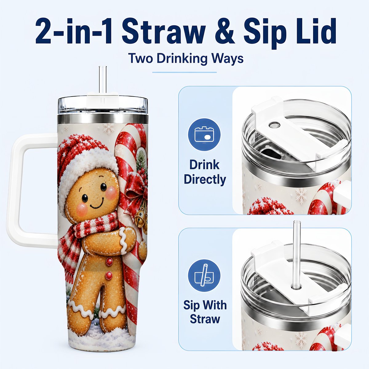 #pl[40oz|White] Gingerbread 40oz Tumbler with Handle, Christmas Travel Cup, Candy Cane Art