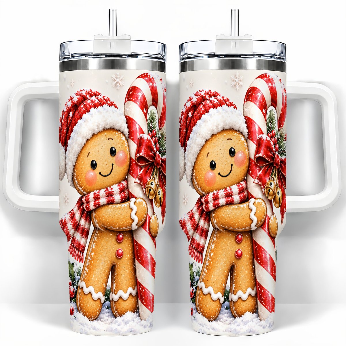 Gingerbread 40oz Tumbler with Handle, Christmas Travel Cup, Candy Cane Art
