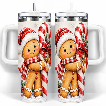Gingerbread 40oz Tumbler with Handle, Christmas Travel Cup, Candy Cane Art