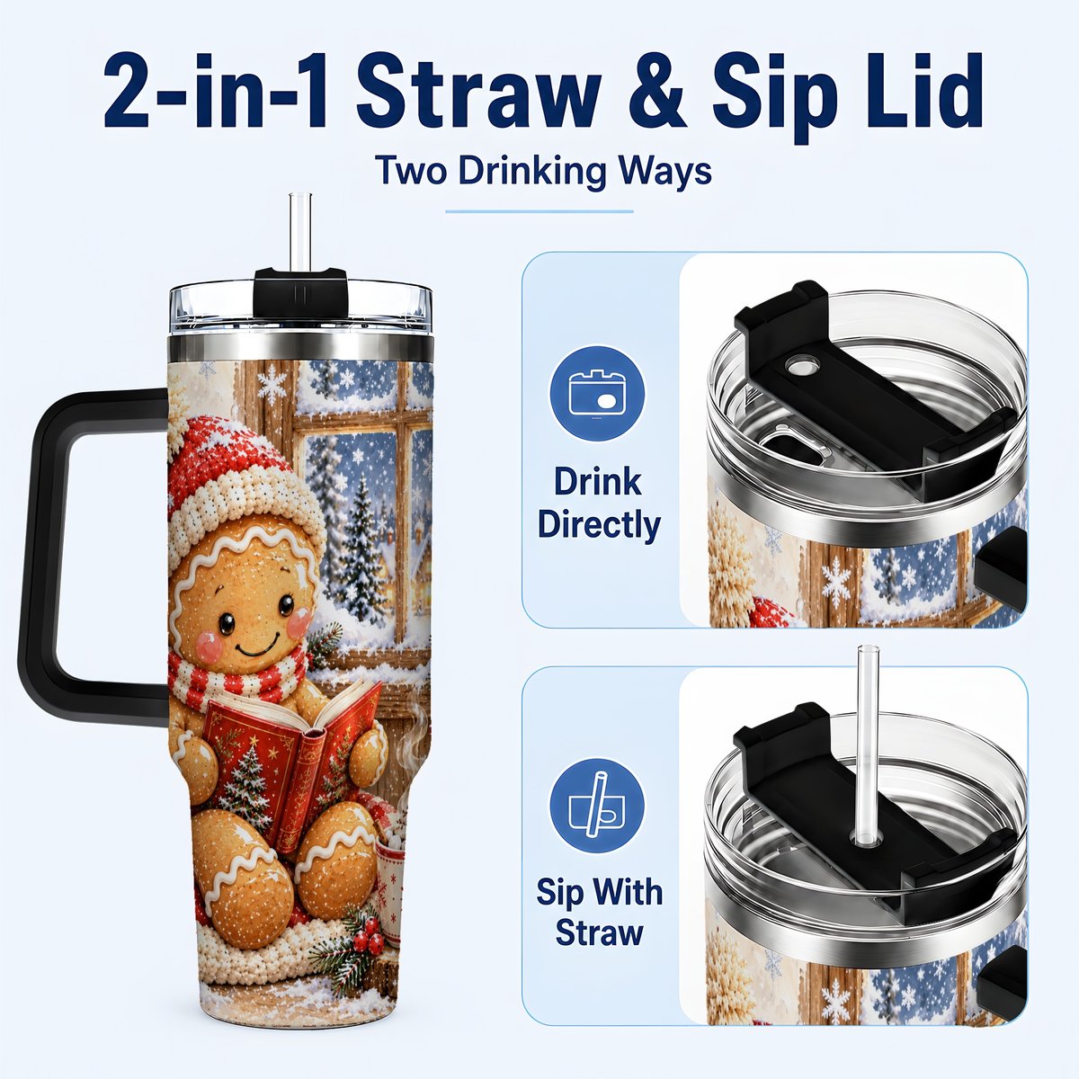 #pl[40oz|Black] Reading Gingerbread 40oz Tumbler with Handle, Christmas Travel Cup, Books